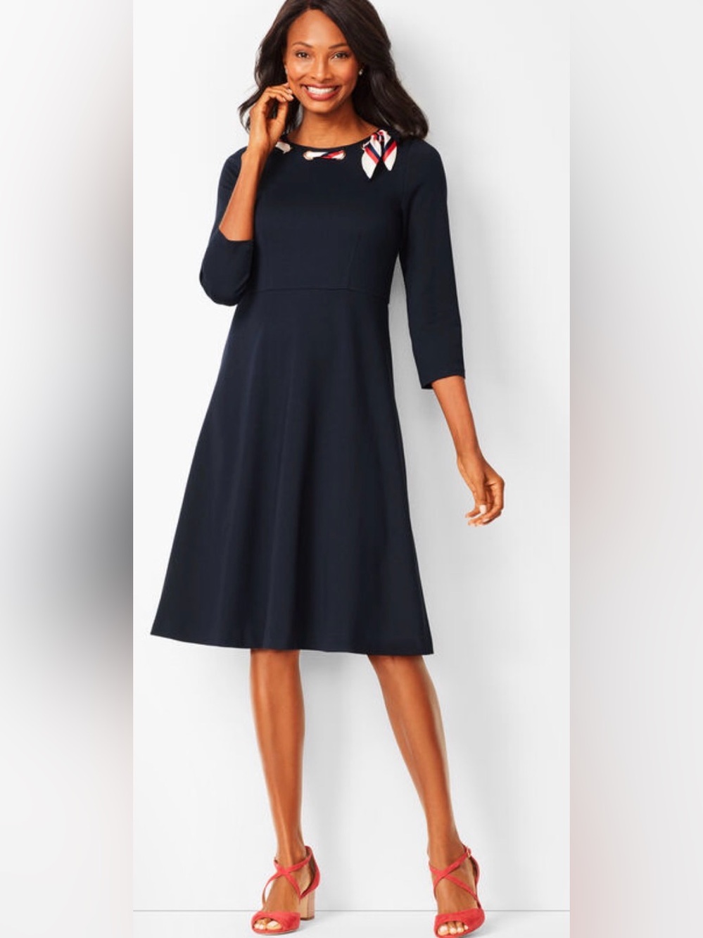 Talbots Navy Blue Ponte Fit Flare Ribbon Scarf Nautical Dress Plus Sz 18W NEW